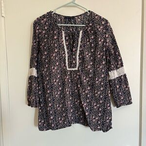 Tommy Hilfiger Women’s Navy and Pink Floral Blouse with Lace Detail XL Cotton